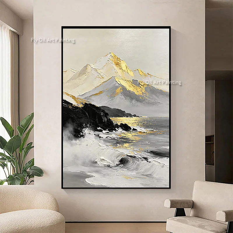 Large Vertical Hand Painted Canvas Art Golden Peak Coastal Seascape Impasto New Oil Painting Modern Luxury Wall Art For Decor