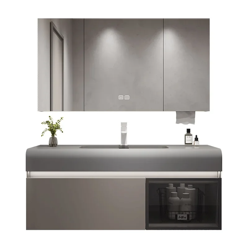 Office Luxury Slate Bathroom Cabinet Integrated Washbasin Solid Wood Bathroom Sink Vanity Reception Gabinete Trendy Furniture