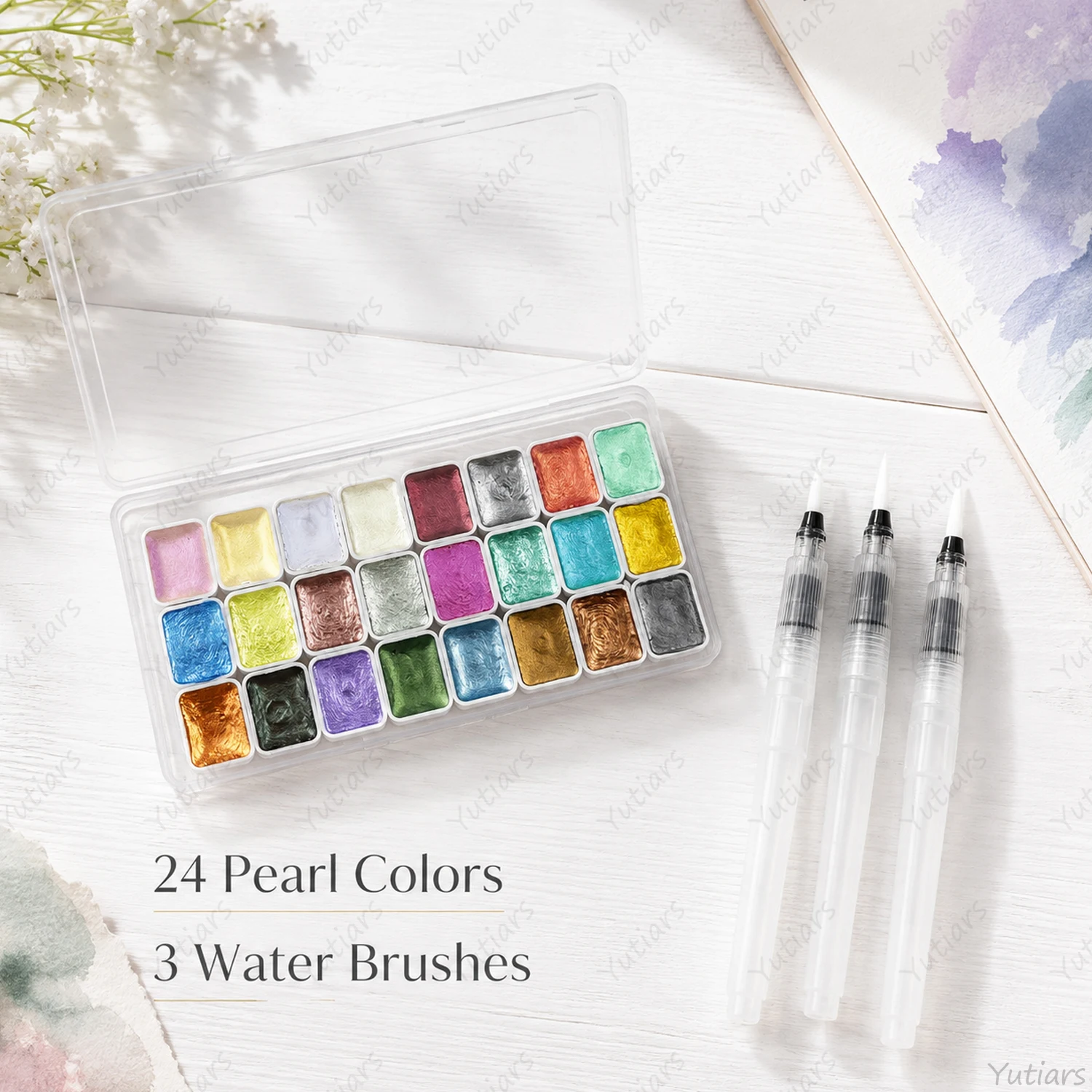 24 Color Pearl Watercolor Set with 3 Water Brushes Portable Shimmer Solid Paint Palette for Artists Beginners Painting Supplies