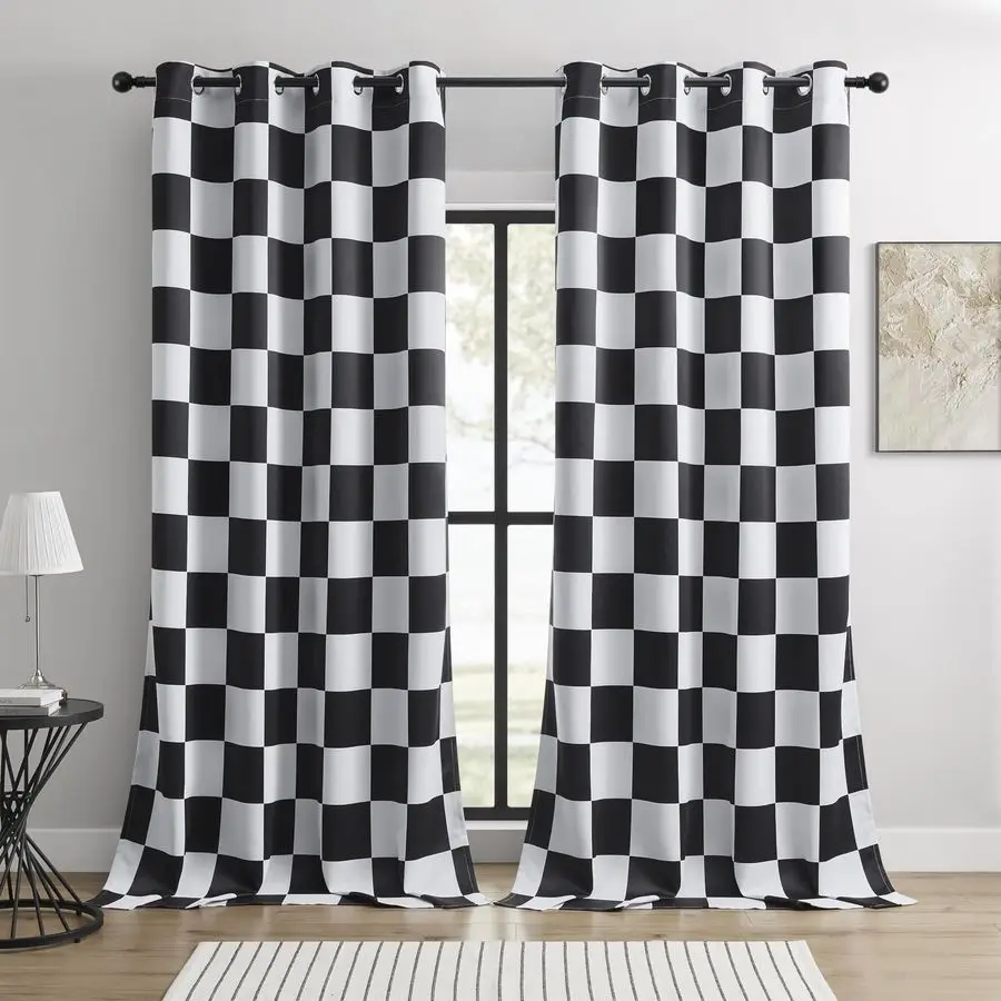 

Blackout Curtains Black and White Checkered Race Flag Pattern, 2 Panels, Each W52L84, Thermal Insulated, Nosie Reducing for Bedr