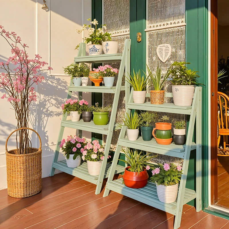 Solid wood balcony flower rack Floor-to-ceiling foldable mobile wall indoor succulent