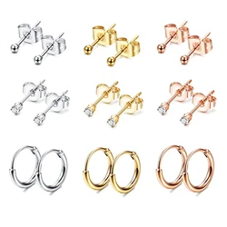 9 Pairs/18 pcs Stainless steel fashion 2mm small earrings ladies men round cartilage earrings set