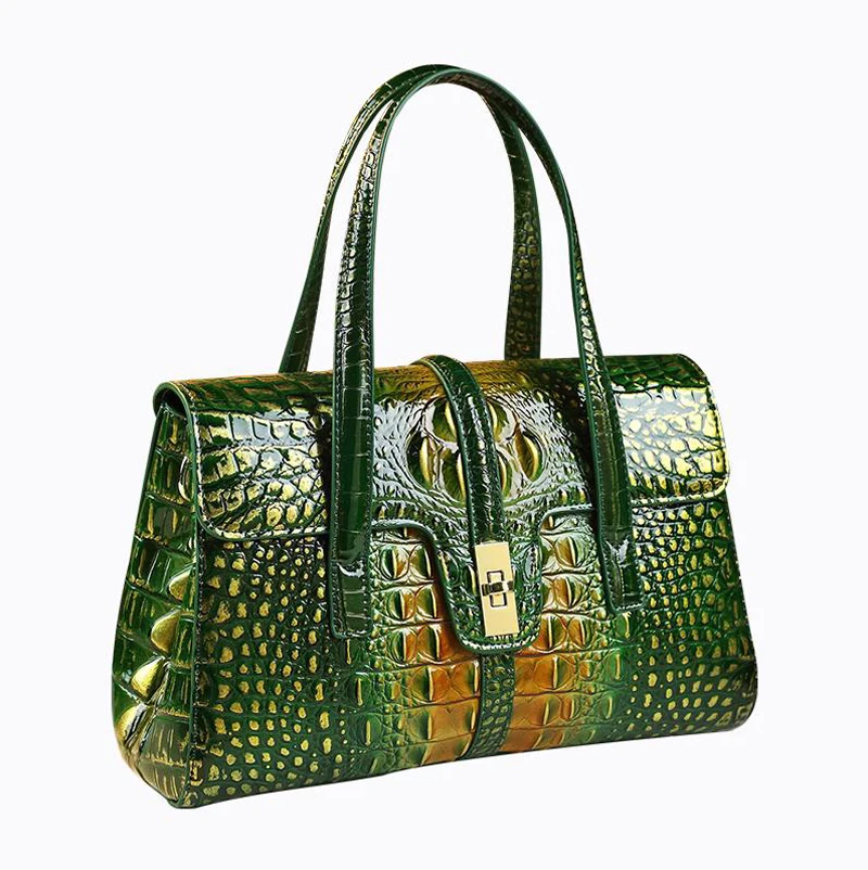 Luxury Genuine Leather Women\'s Handbags Green Crocodile Pattern Lady Tote Bag Fashion Travel Portable Shoulder Underarm Bags