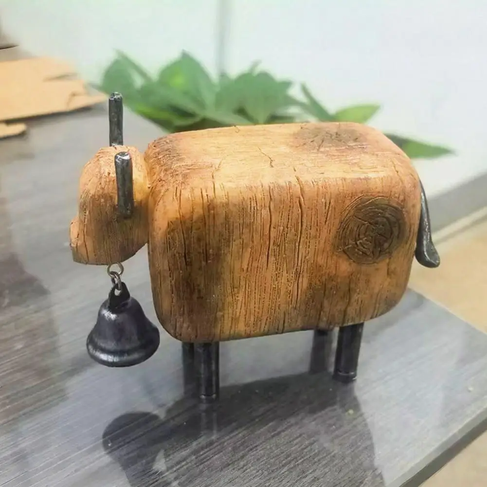 Distressed Wood Look Tabletop Statue Rustic Sheep Figurine with Bell Faux Wood Resin Farmhouse Lamb Statue Vintage for Desk