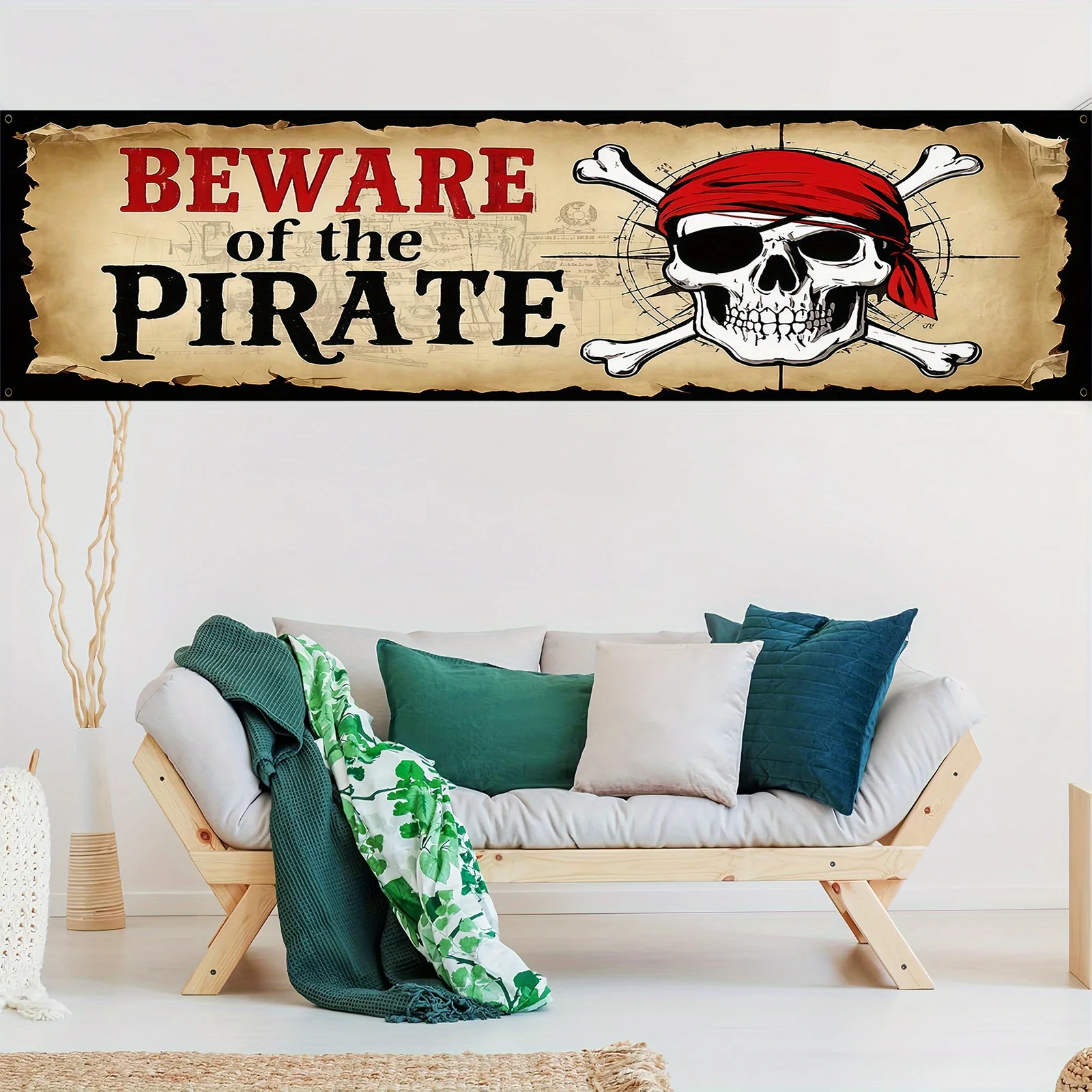 Pirate Themed Party Decorative Banner - Large Rectangular Skull Character Indoor Outdoor Celebration Wall Hanging Backdrop