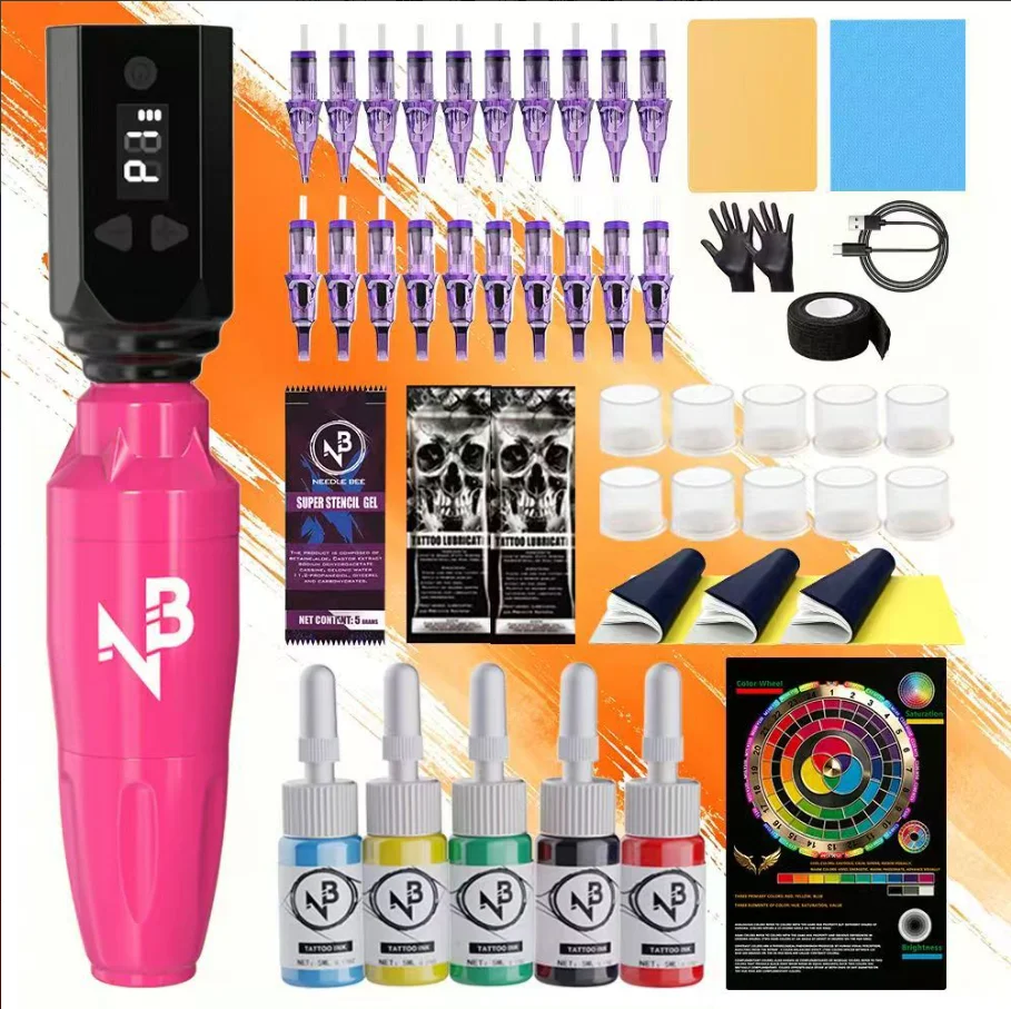 Professional NB Cordless Pink Tattoo Pen Kit, Rotary Tattoo Gun with Needles, Ink & Complete Tattoo Supplies for Starters