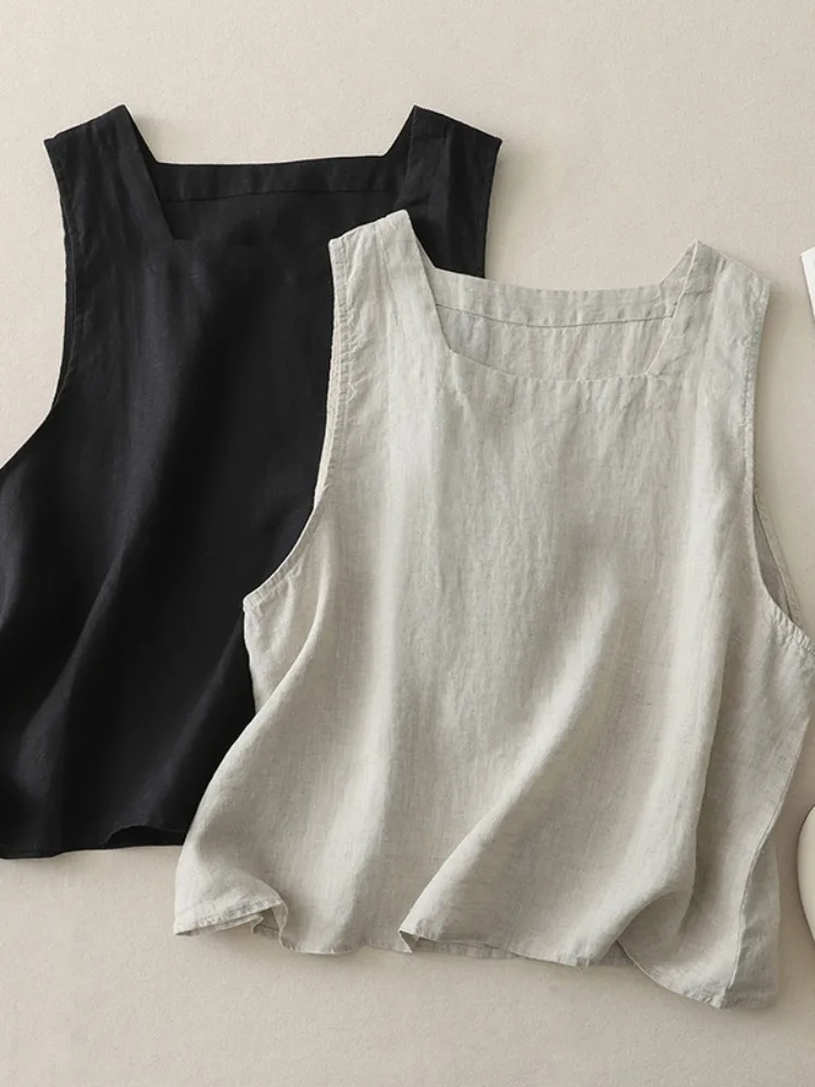 Canotta casual in cotone e lino da donna estiva sottile semplice Svel overhead irt vestibilità ampia colore puro versatile basic Sle