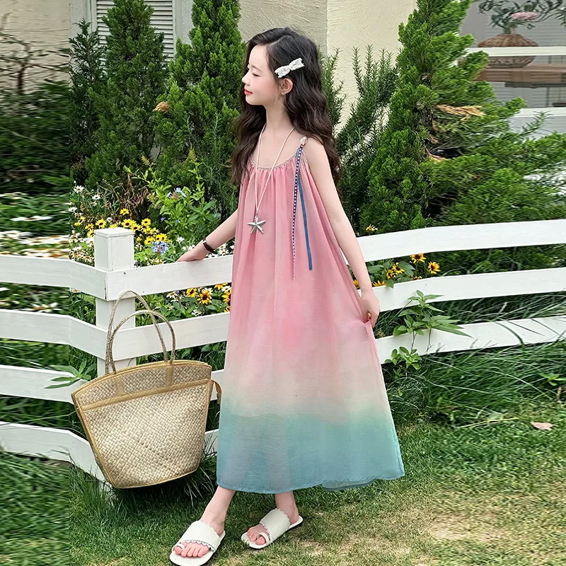 สไตล์ฝรั่งเศสเด็ก Designer Luxury Pink Gradient Beach Dress สําหรับสาว Elegant Vintage วันหยุดเสื้อผ้าเด็กชุดเดรสแขนกุด