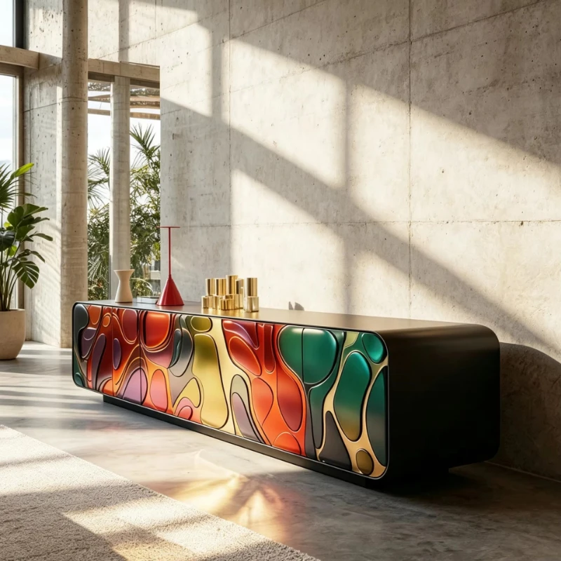 Curved multi-color embossed media console long low cabinet, suitable for attic commercial exhibition hall space
