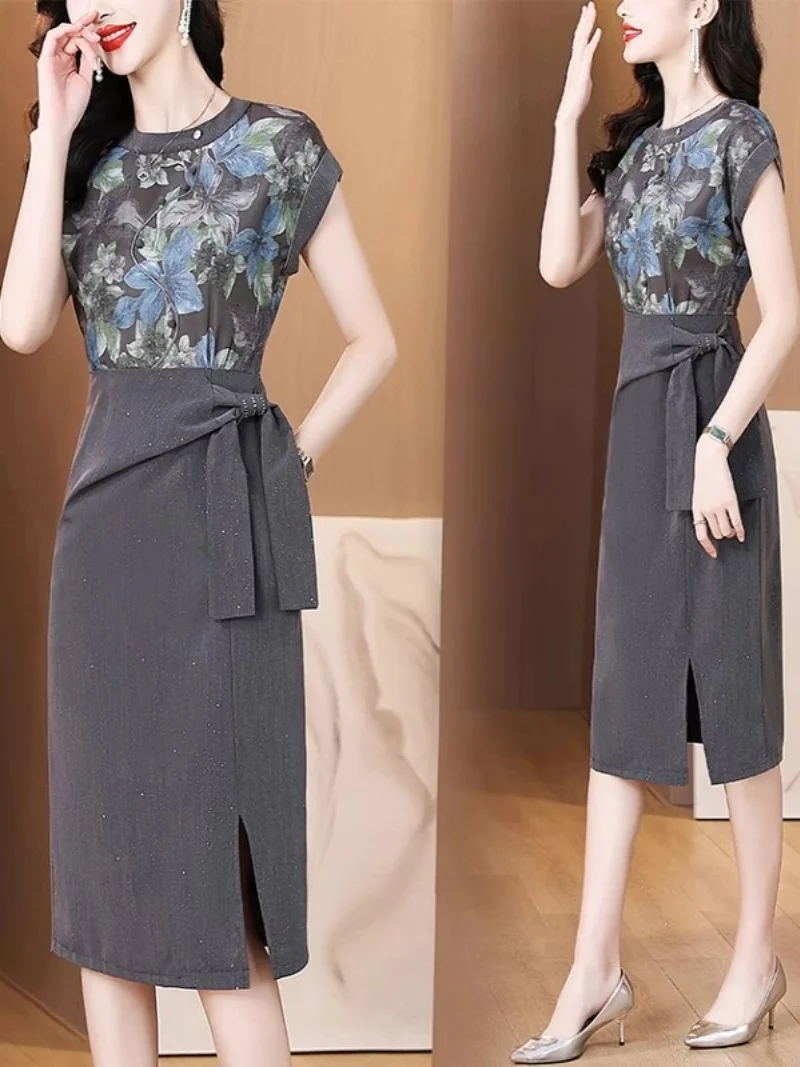 

Summer Office Dress 2025 New Mom Outfit Slimming Design Printed Patchwork Lace Up Mid Length Dress For Women W165