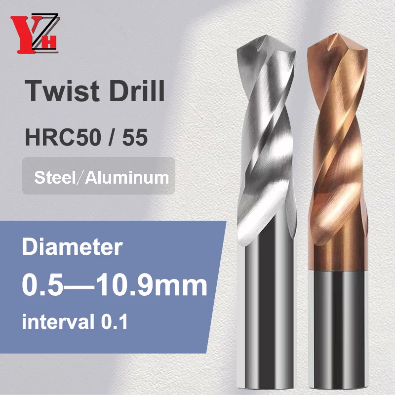 YZH Carbide Twist Drill 0.5mm-10.9mmDiameter HRC50/55 Tungsten General Stub and Straight Handle For CNC Drilling Steel Iron Hole