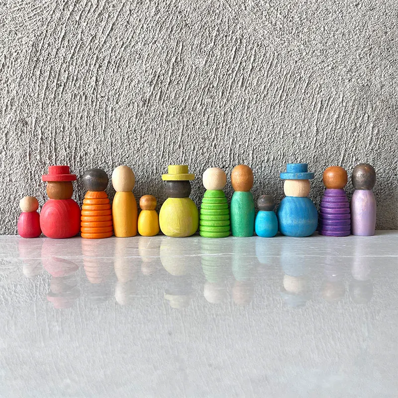 Muñecas de clavija de colores Pastel de arcoíris de madera para niños, juguetes educativos Montessori, piezas sueltas, juego de mundo pequeño, aprendizaje