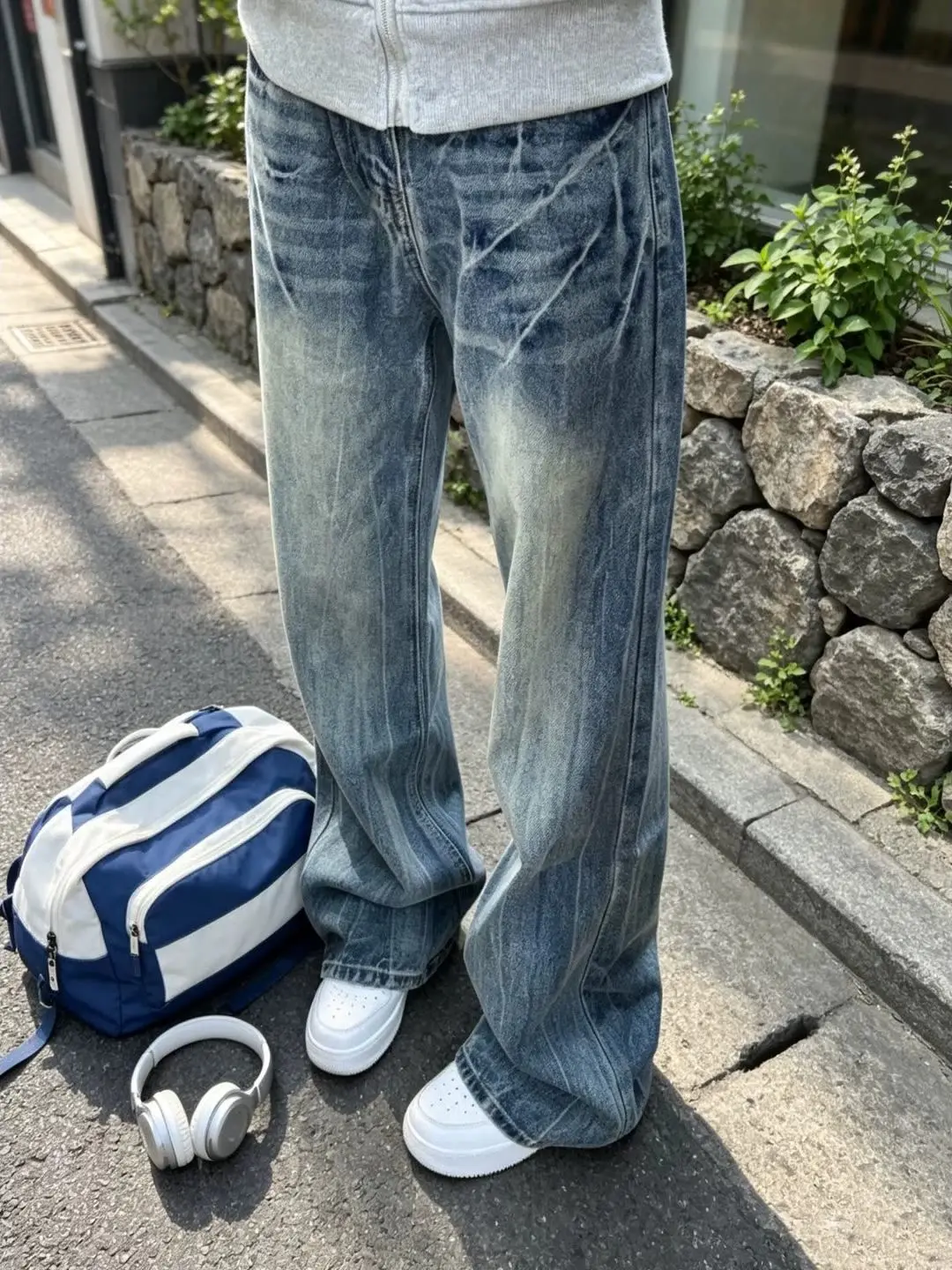 Blue Lightning Pattern Wide Leg Knife  Jeans Men's Autumn CleanFit American Slim Straight Long Pants Casual Youth Jeans