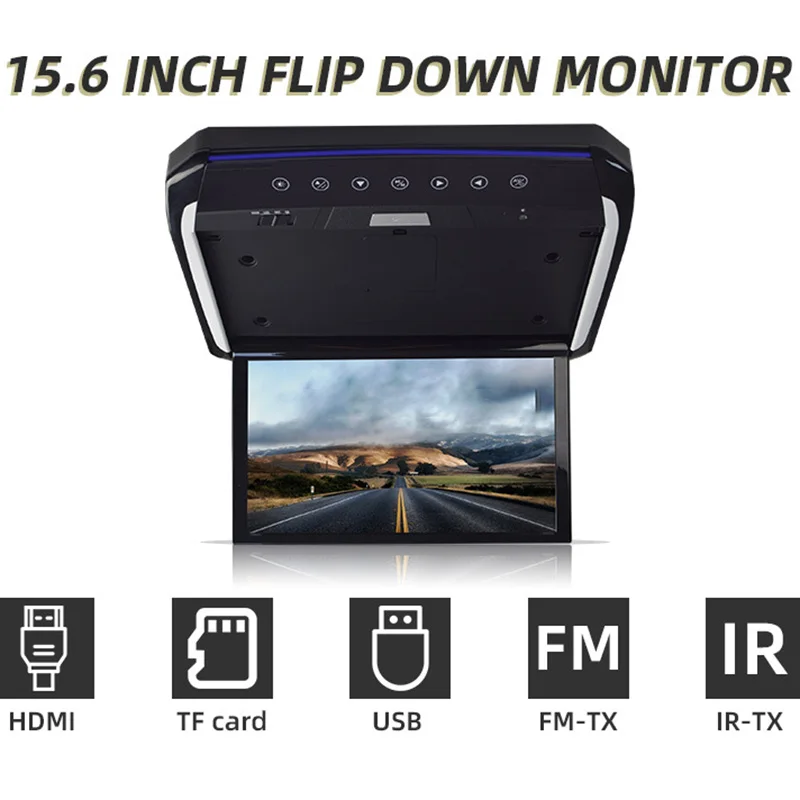 15.6'' Car Roof Monitor 4K IPS Flip Down Screen Overhead Multimedia Video Roof Mount Display MP5 Player HDMI IN,USB,SD,NTSC