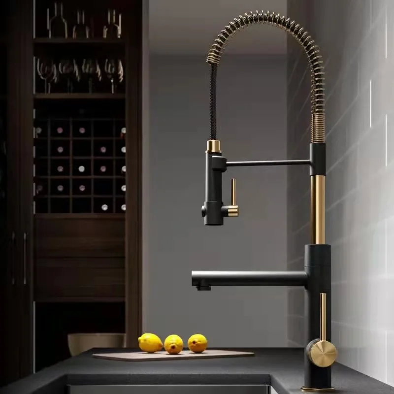 Modern black and rose gold spring rotating and extendable kitchen faucet, single hole double handle hot and cold faucet GN661JC