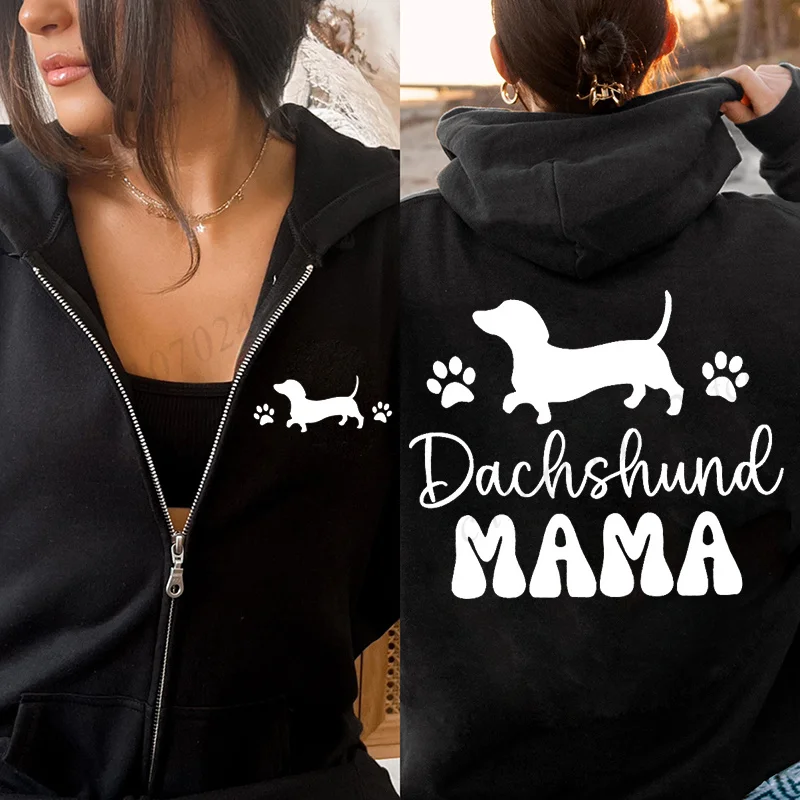 Dachshund Mama Print Zip Up Hoodie Women Wiener Dog Paw Graphic Zip Up Hooded Sweatshirt Dog Mom Casual Fall Outerwear Gifts