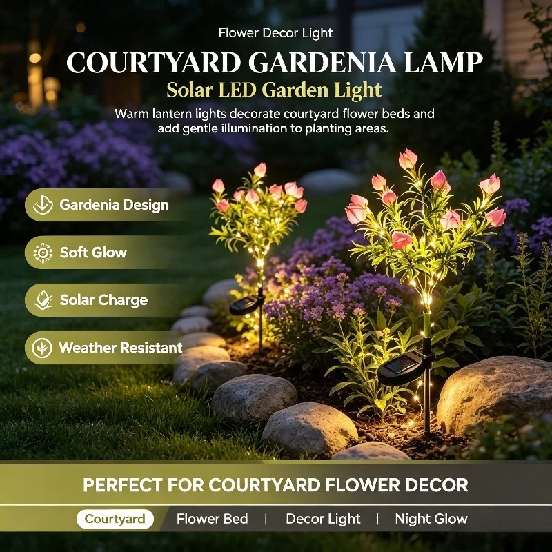 Outdoor Gardenia Accent Lamp, Solar LED Branches with Pink Buds for Garden Borders and Walkways