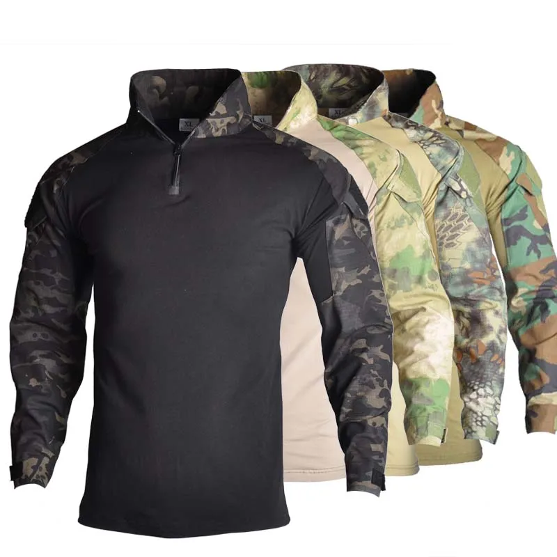 RU Taktische T-Shirts Airsoft Taktische Armee-Kampfhemden Paintball Militär Armee Grün CP Tarnmuster Oberteile 1/4 Reißverschluss Jagdkleidung