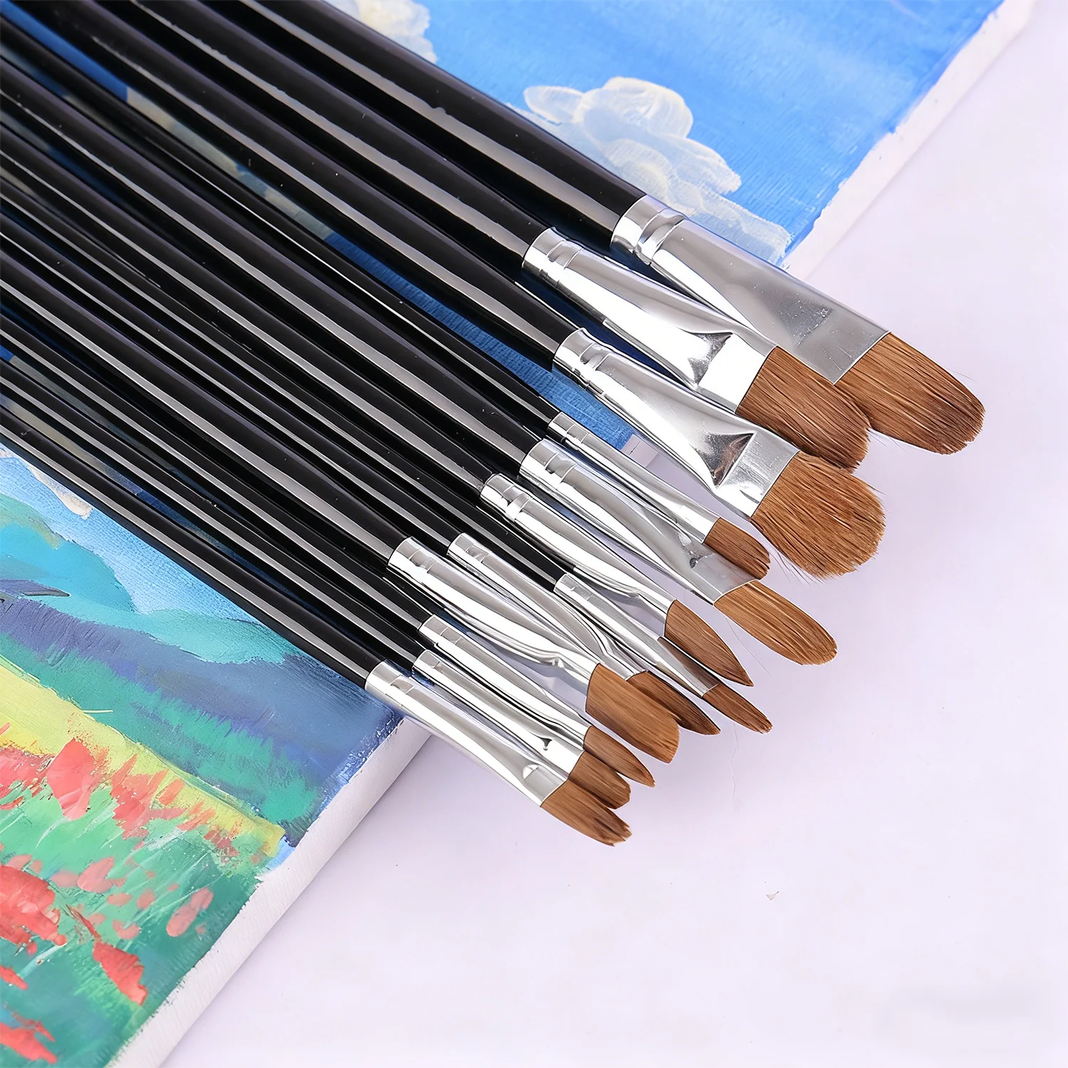 6개 세트 고급 늑대털 붓 학생용 수채화 아크릴 그림 평붓 오일 붓 미술 용품