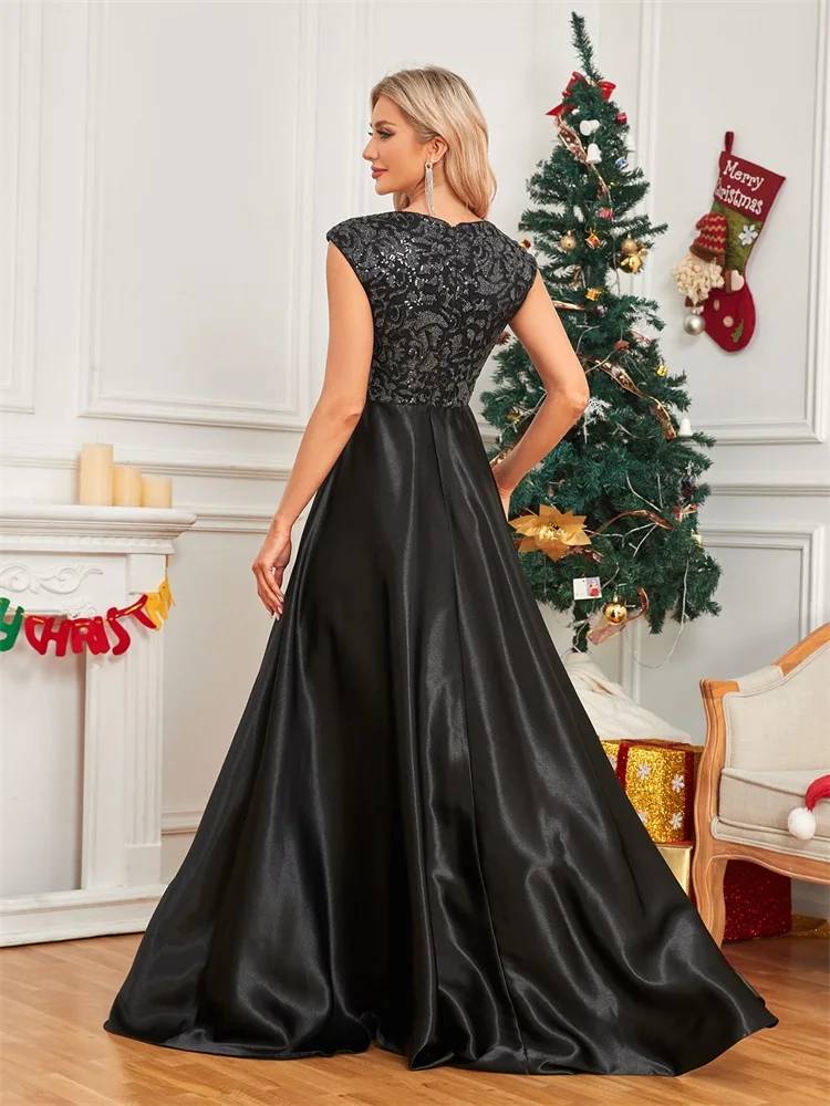 Lucyinlove Elegant Sequins Black Formal Evening Dress For Women 2024 Luxury U-neck Satin Prom Floor Length Cocktail Party Dress