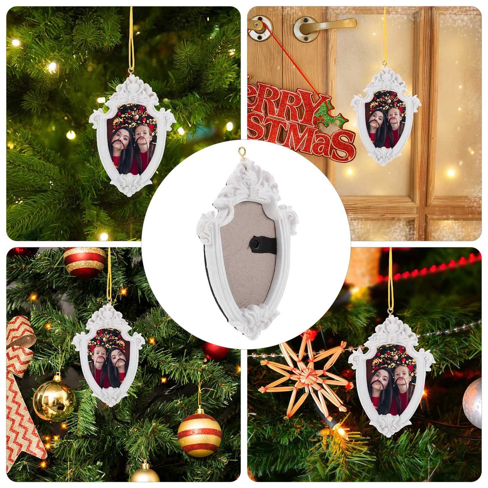 

Christmas Tree Photo Frame Retro 3D Embossed Hanging Decoration for Xmas Holiday Party Wall Tabletop Display Oval Vintage Frame