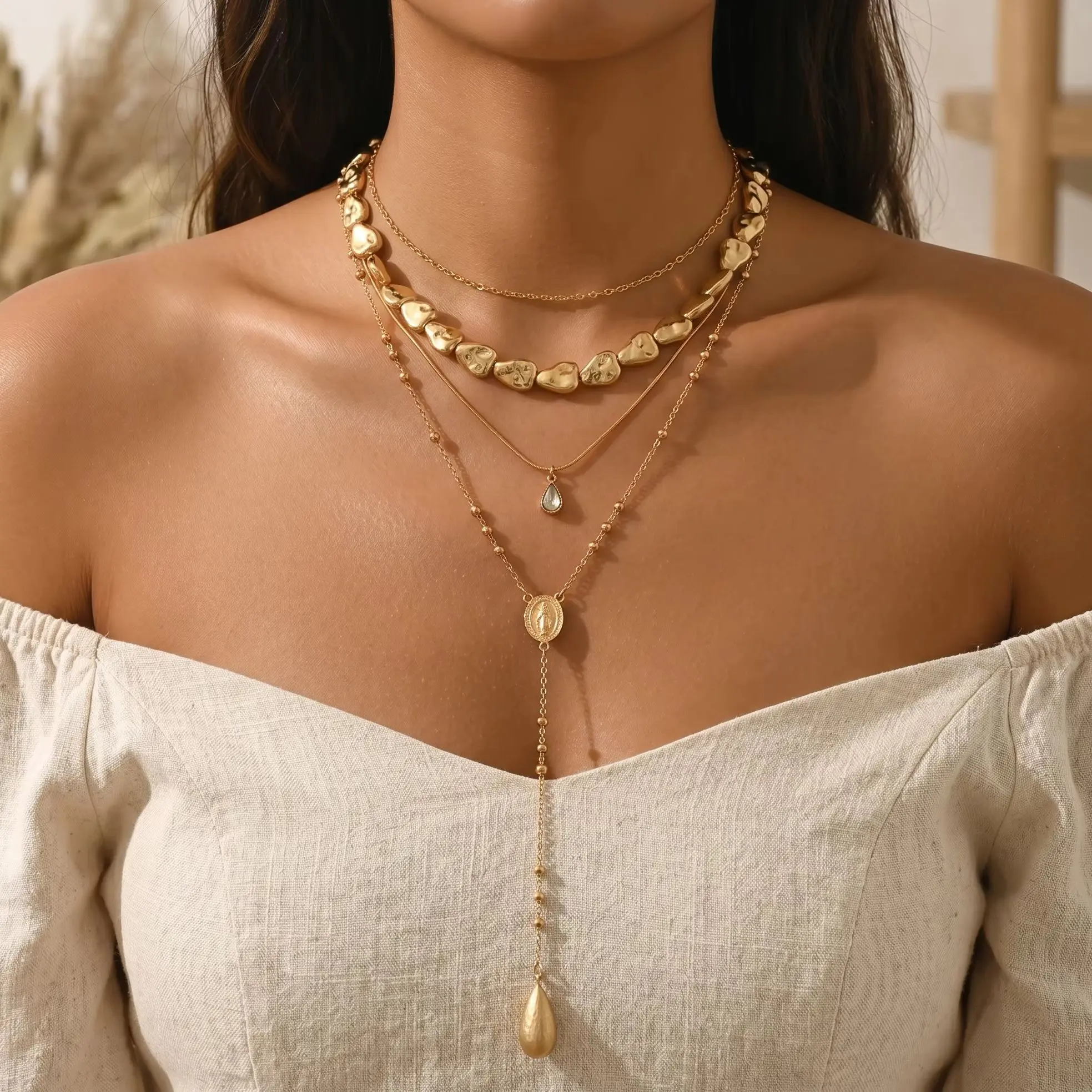 Women 4 Layer Irregular CCB Bead Y Drop Necklace Portrait Coin Teardrop Pendant Minimal Stackable Handmade Jewelry