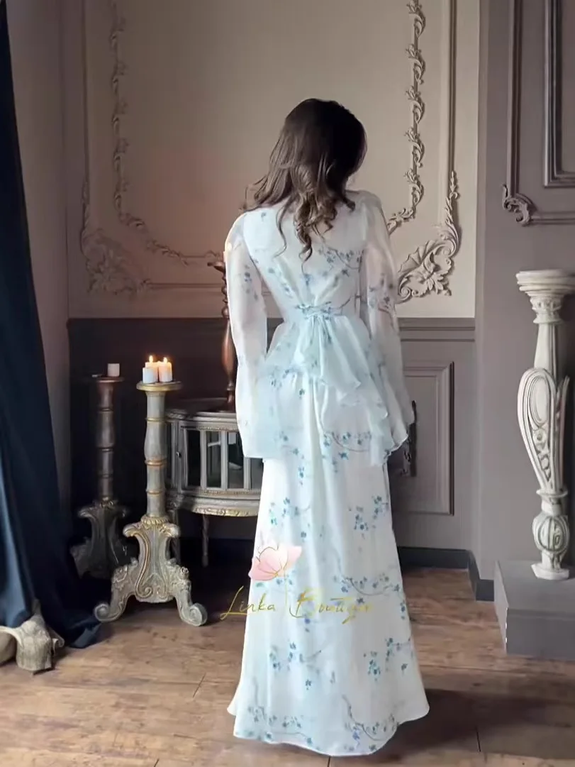 

Faionable Ele Long Sve Printed Dr Lace up Waist Cinching a Line Skirt High Waist Dr for Date And Daily Wear