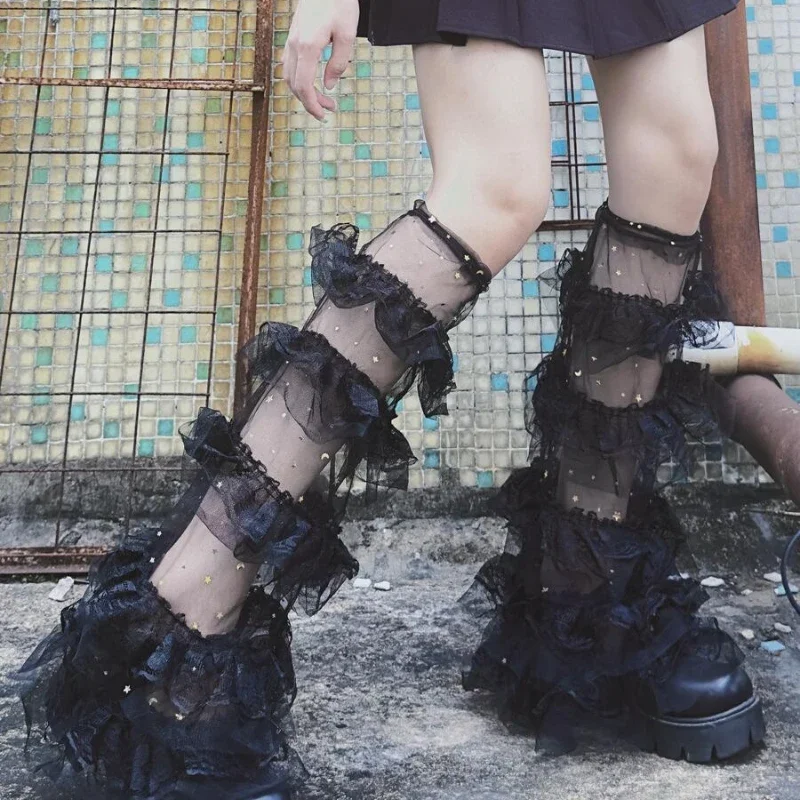 Conjunto de perna de retalhos de renda doce e legal estilo puro desejo meias y2k, pilha de tubo médio meias de perna lolita