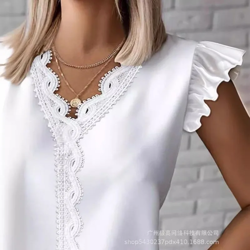 2024 Spring Summer New Women's Clothing Solid Color Flounced Sleeve V-neck Lace Top