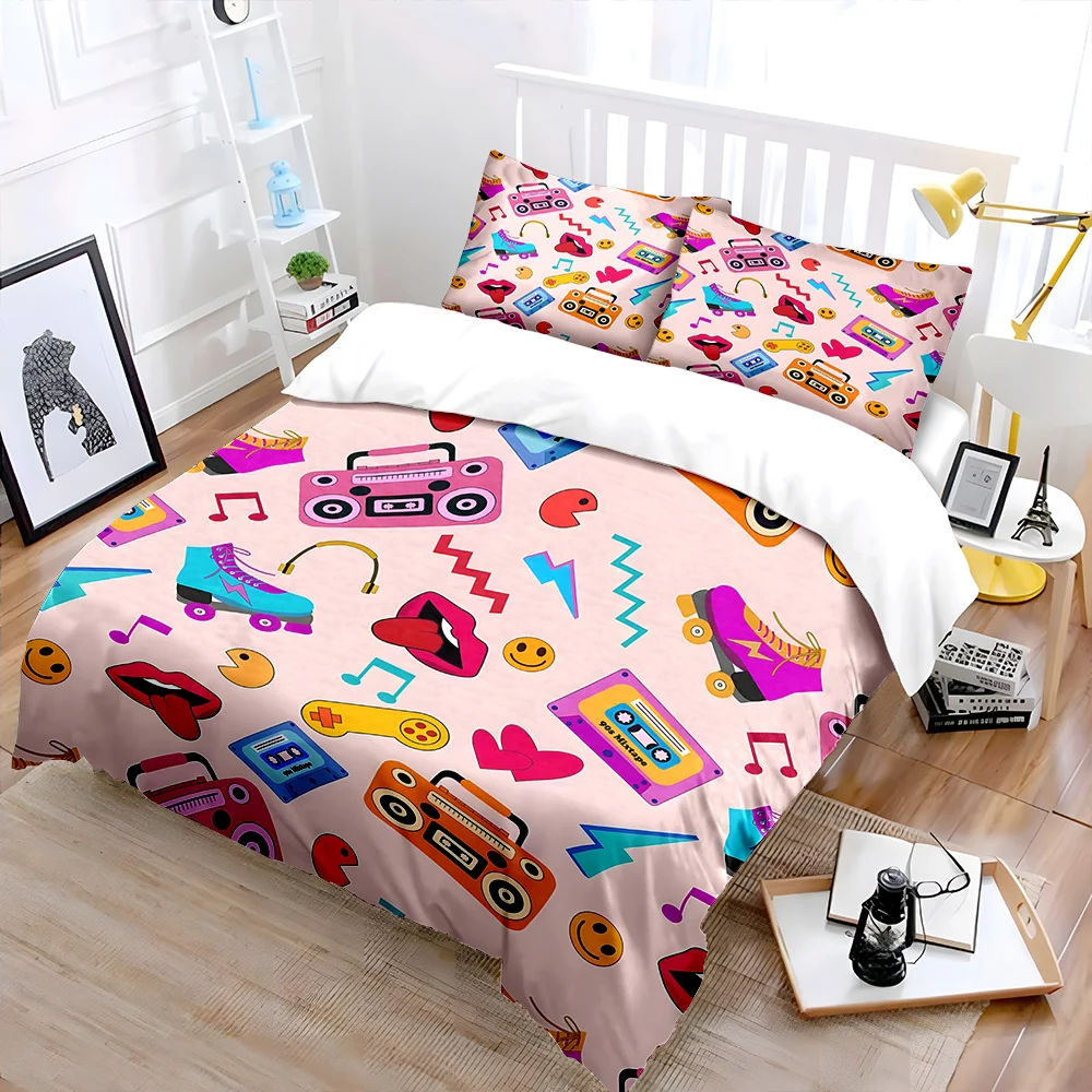 Retro Trendy Elements Illustration Pattern Duvet Cover Set Digital Print Polyester Bedding with Zipper Closur for kids gifts