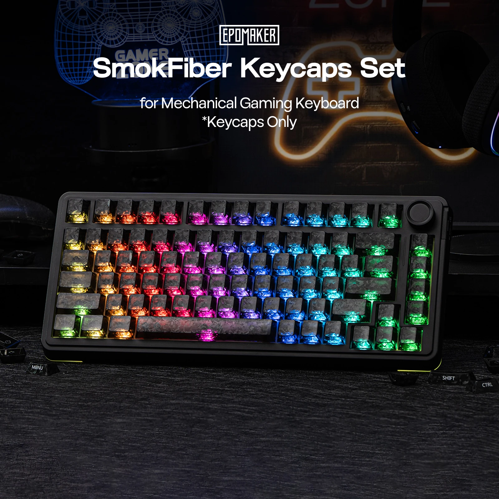 EPOMAKER SmokFiber Keycaps Set 120-Key Cherry Profile Side-Printed Shine-Through PC Material Keycaps for Mechanical Keyboards