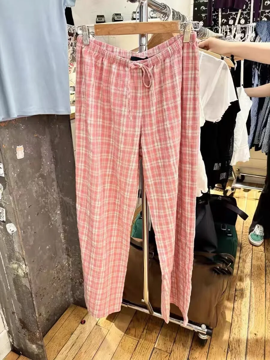 Pantaloni Casual da Donna American Sle Brandy Melville, Rosa a Quadri, Vita Elastica, Modellanti, Versatili, Lunghi, in Cotone, Taglio Dritto