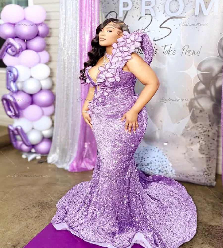 Purple Sequin Mermaid Prom Dress 2026 One Shoulder 3D Petal Appliqué Plus Size Evening Dress For Nigeria Black Girls Formal Gown