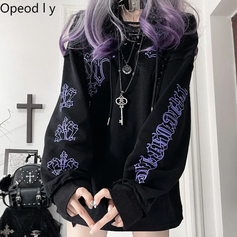 

Y2k Subculture Japanese Original Printing Loose Casual Long-sleeved T-shirt Dark Loli Girl Hooded Pullover Tie-dye Sweater