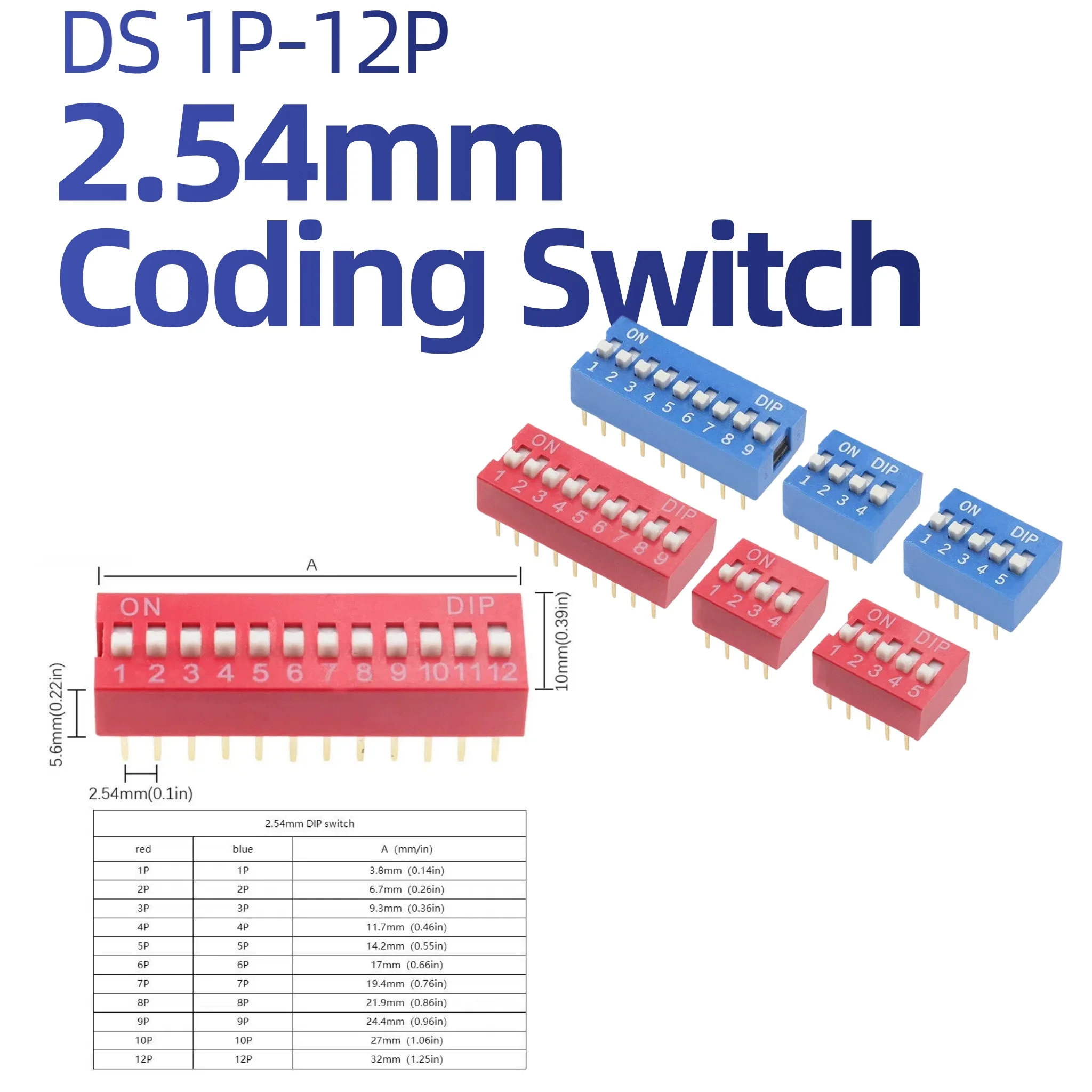 2.54‑mm Pitch DIP Switch 1‑12P Red Blue Horizontal Slide Toggle Switch Straight Pin DIP Coding Switch for PCB Circuit Board