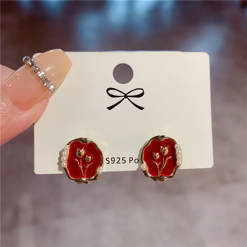 Delicate Black Red Green Oval Enamel Flower Stud Earring for Women Korean Style Imitation Pearl Geometry Jewelry Brincos Gift