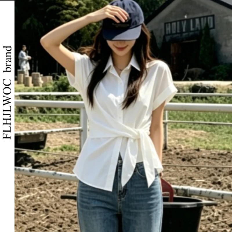 Cotton White Shirts Lace-Up Peplum Tops Cute Sweet Japan Girls Retro V Neck Short Sleeve Slim Waist Chic Y2K Design Blouses
