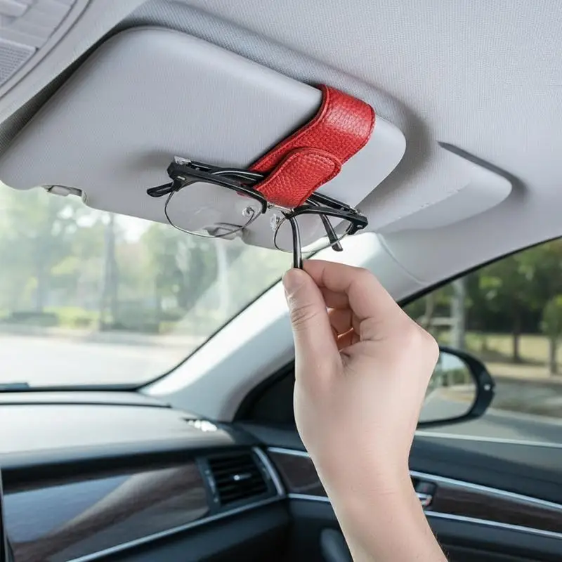 Car Sun Visor Glasses Clip, Magnetic Leather, One-Hand Operation, No-Damage Install, Fits All Vehicles, Eyeglass & Card Holder