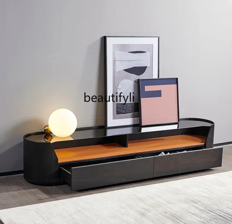 K185 Italian Modern Light Luxury Simple TV Cabinet Circular Arc Floor Cabinet Smoky Oak Bedroom Floor Low Cabinet