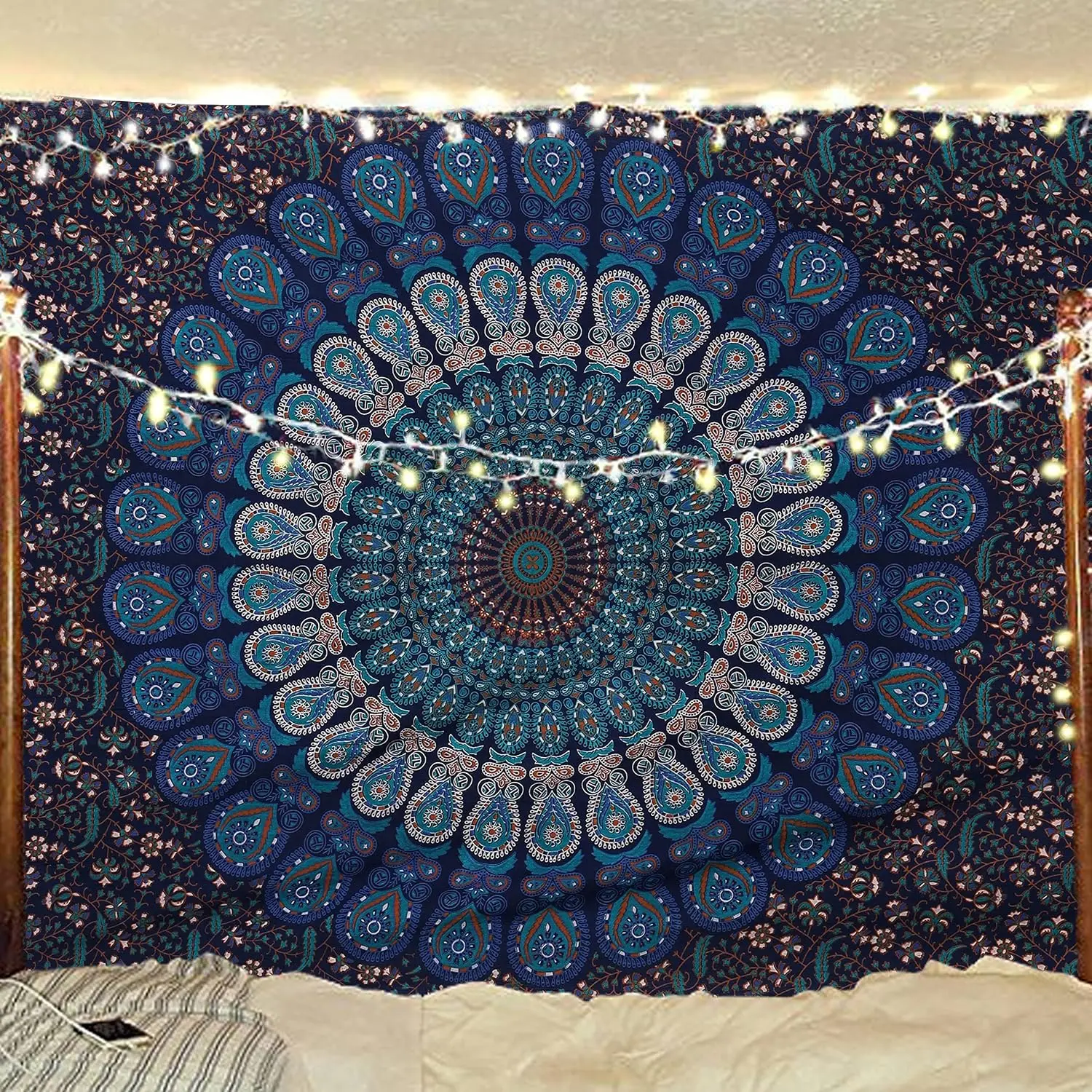 Handmade Hippie Bohemian Tapestry with Peacock Mandala for Wall Hanging, Beach Throws, Table Cloth, Blue Green 54x60 Inches view 5