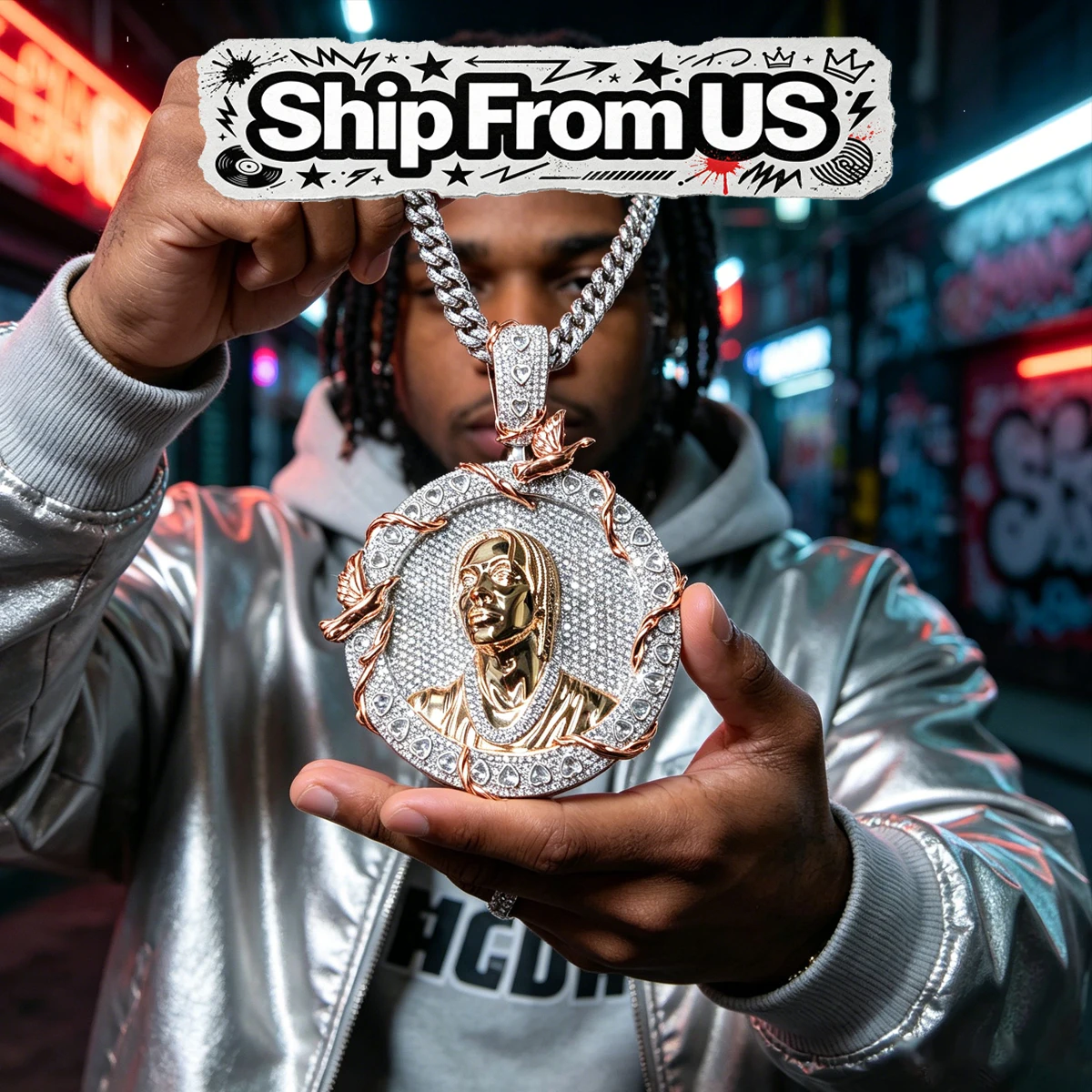 Hip Hop Charm Round Bling Medallion With Vine Bird Heart‑Cut Zircon Inlay Men Paved CZ Stones Sculpted Human‑Face Charm Iced Out Custom 3D Portrait Medallion Pendant Two‑Tone Electroplated 18K Gold Cubic Zirconia Luxury Rapper Streetwear Jewelry