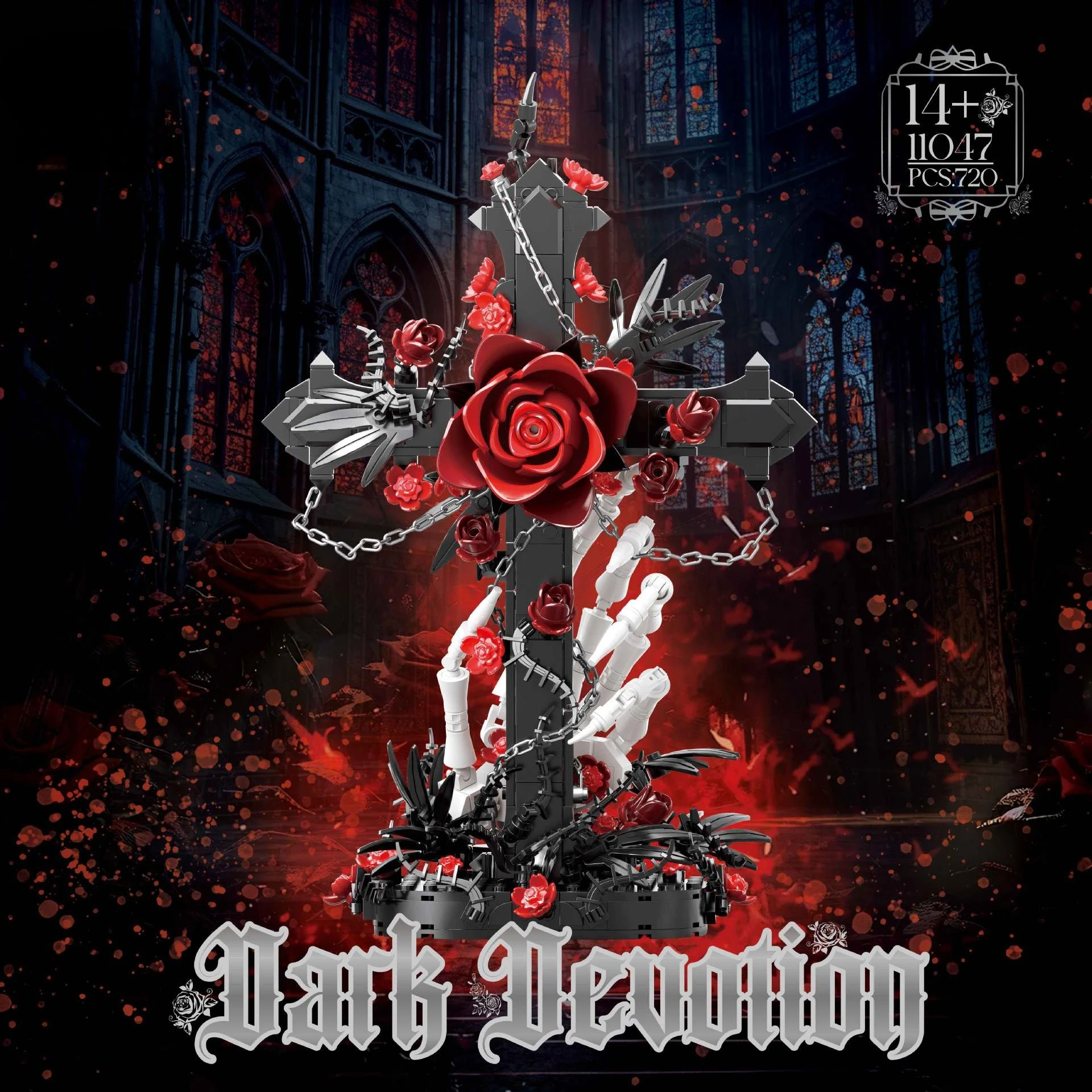 720PCS Skeleton Lock Red Oath Building Blocks Set Gothic Dark Cross Red Rose Skull Hand Chains Horror Decor Toys Halloween