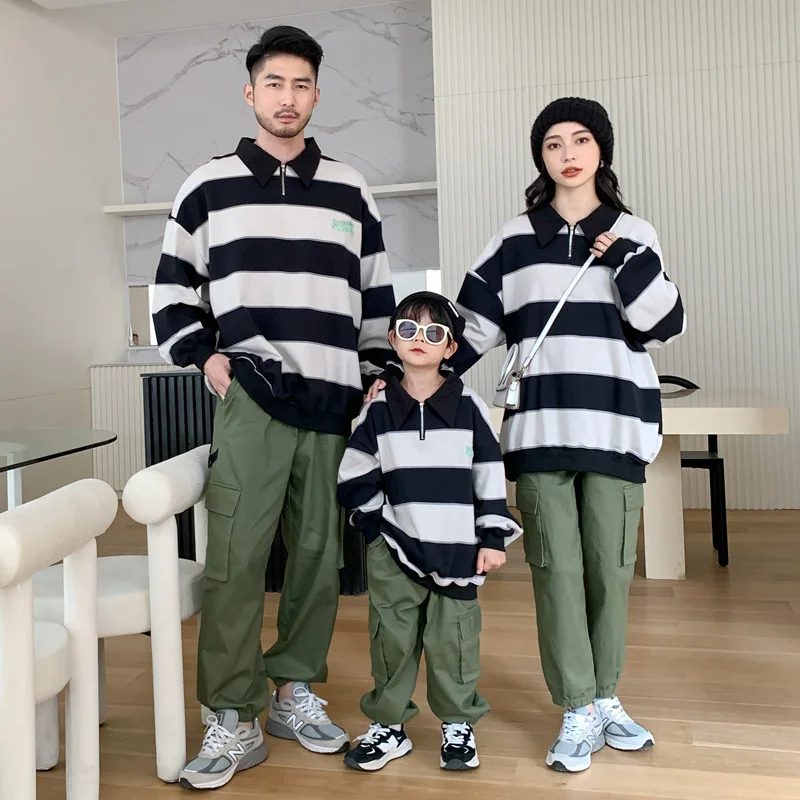 2022 New Embroidered Striped Shirt Sweater Korean Version Loose Casual Parent-child Mother-daughter Top