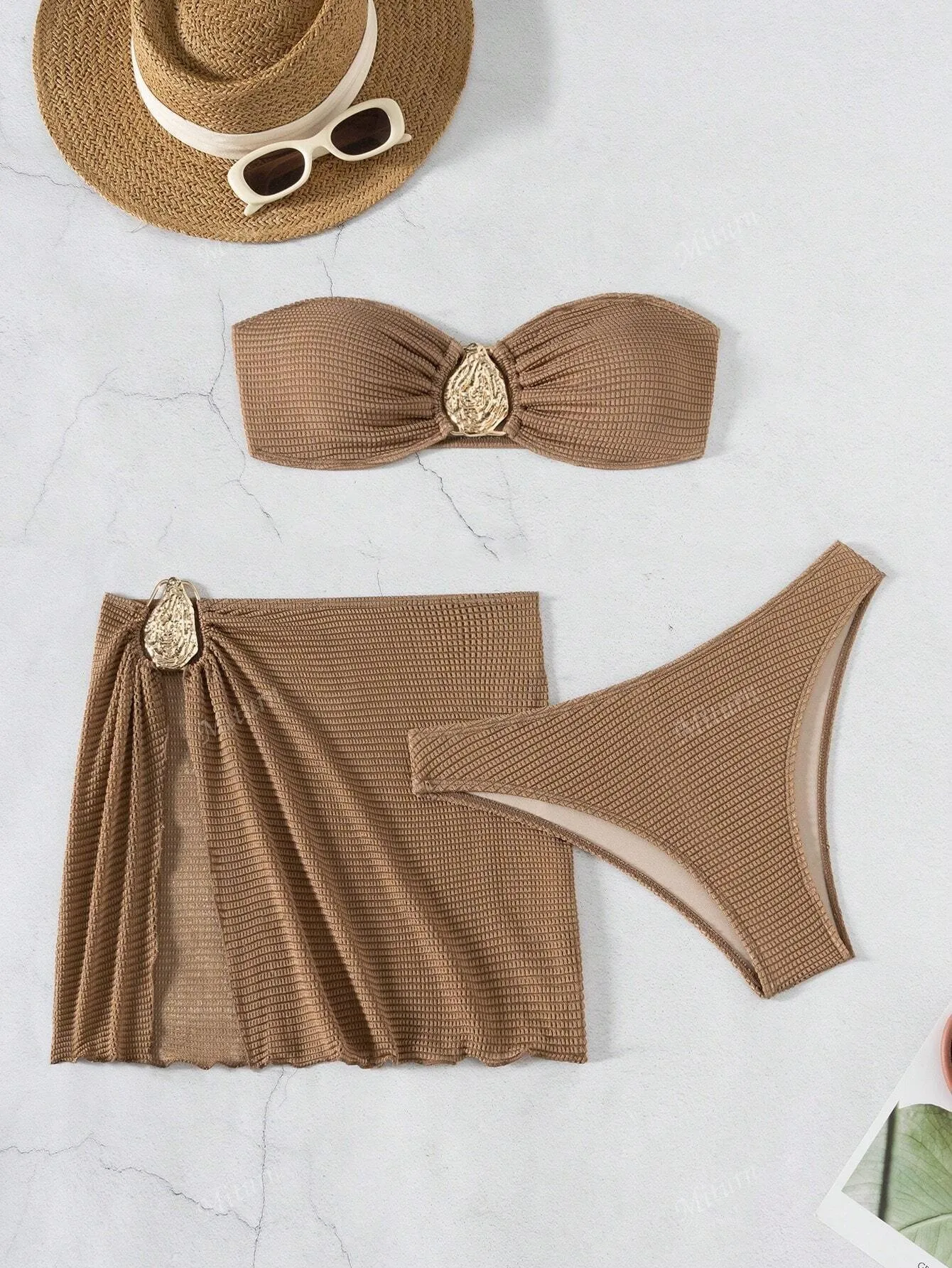 

Strapless Bra Tube Top Camel Bikinis Waffle Knit Wrap Skirt Two Piece Swimsuit High Cut Gathered Front Swim Bikini