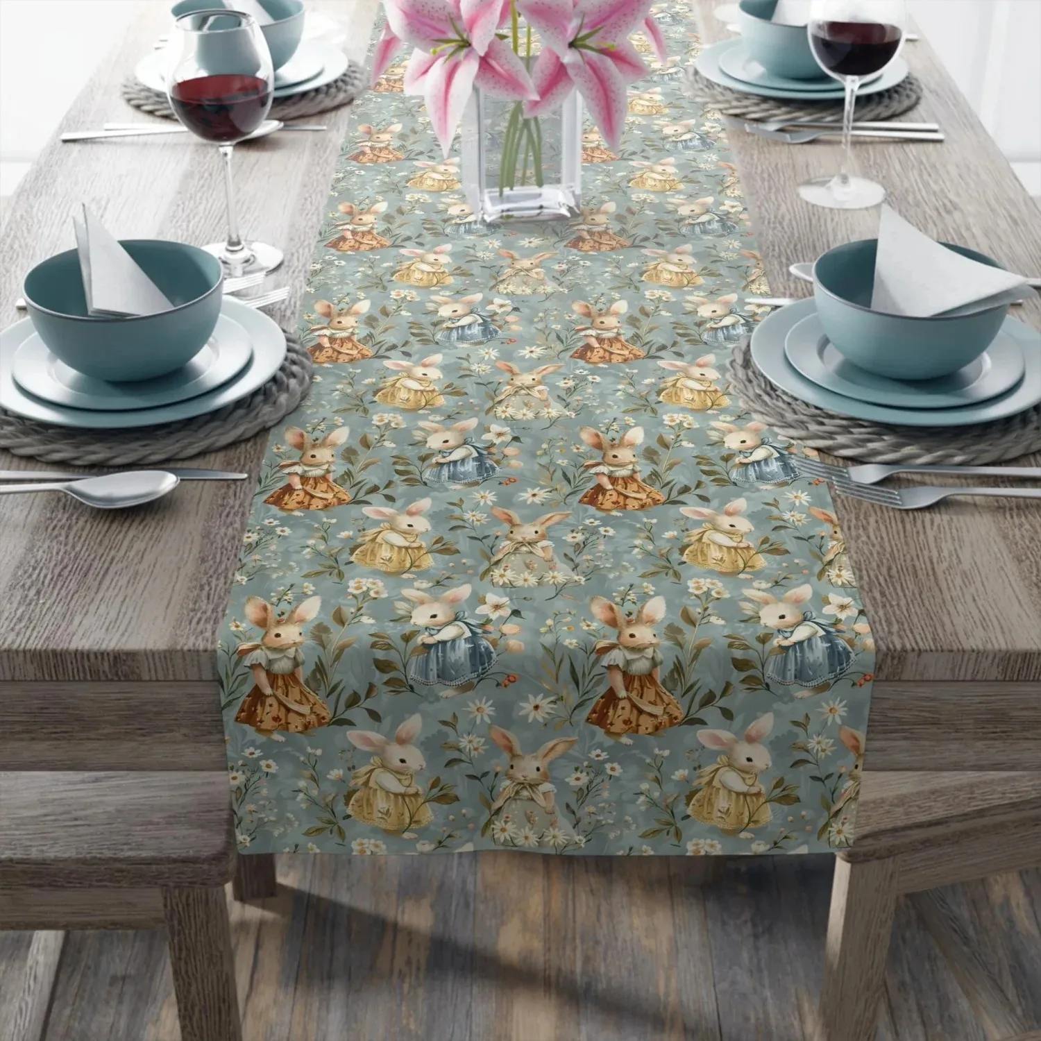 Pastoral Dress Bunny Printed Table Runner, soft linen material for vintage spring Easter home table layout decor 