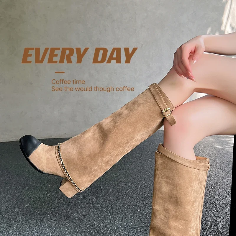 2026 new autumn winter women knee-high boots 22-25cm cowhide+ flannel mixed color metal chain pants boots belt buckle long boots