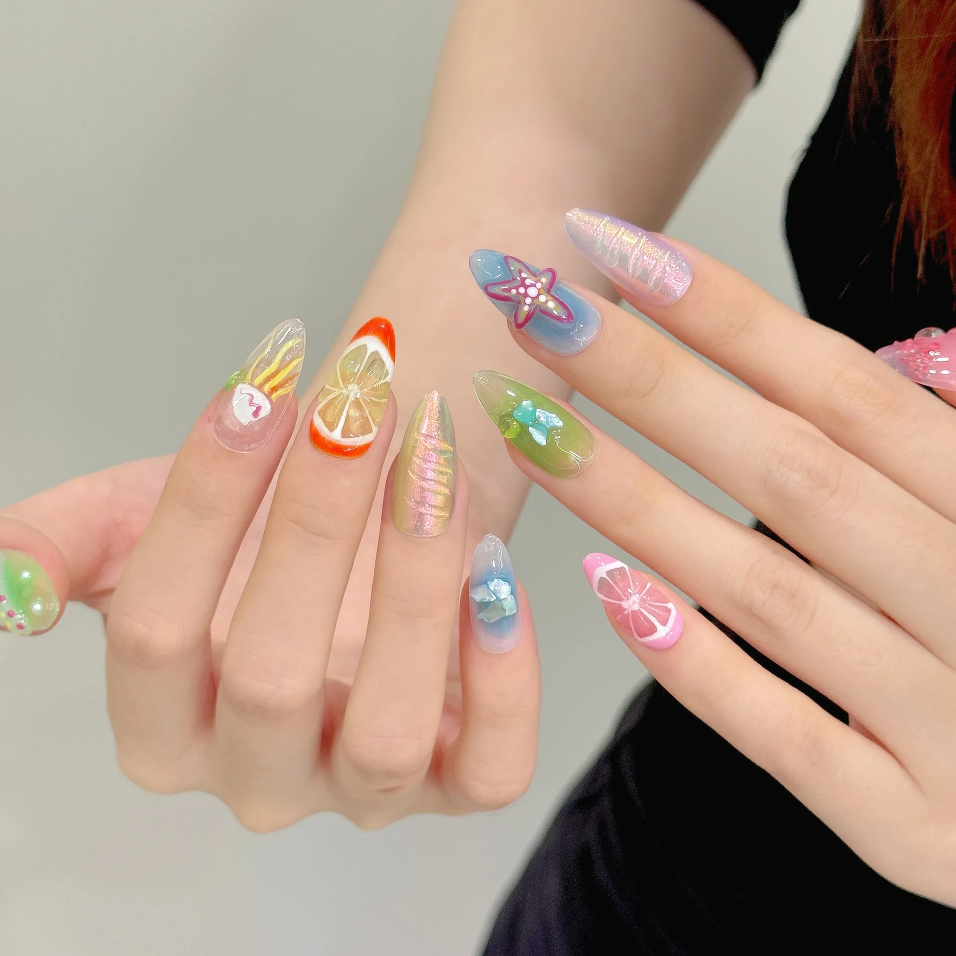 10 PCS Luxury Handmade Press on Nails Middle Almond Summer beach Design with 3-PIECE Tool Adhesive Nail Glue Tabs