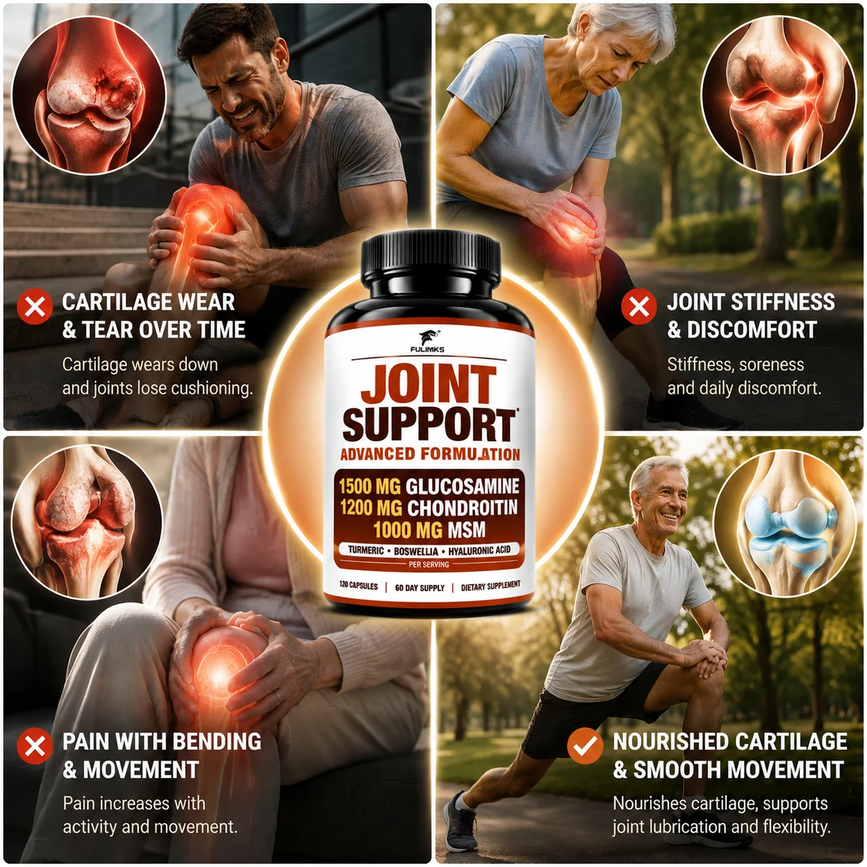 Joint Support Capsules, Glucosamine Chondroitin MSM Turmeric , for Joint Flexibility Mobility, Nourish Cartilage &  Lubrication