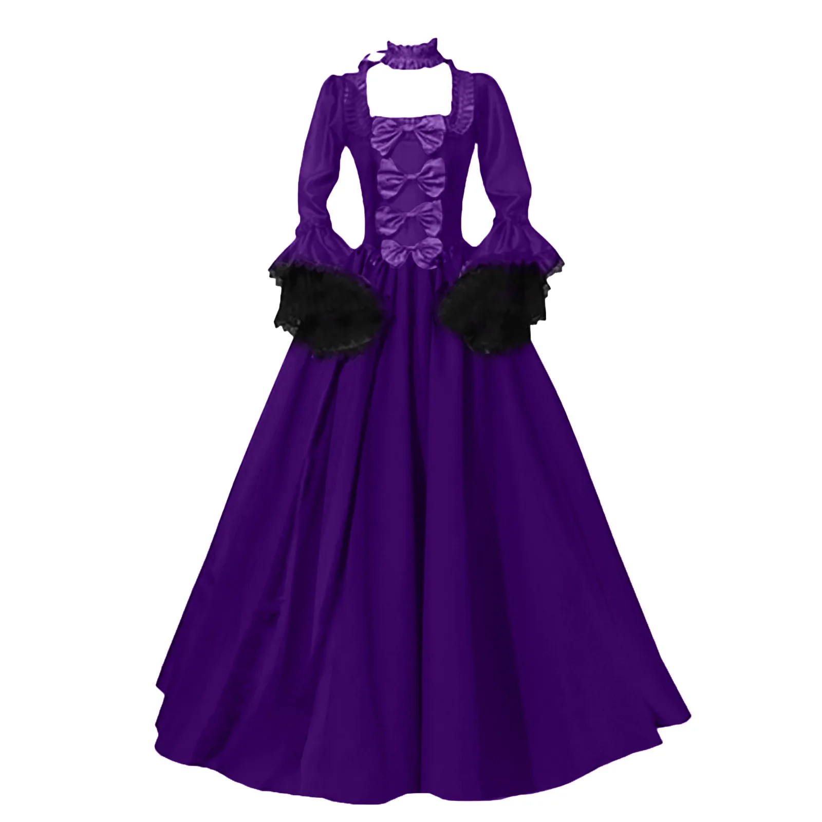 Medieval Victorian Court Lace Patchwork Gothic Dress Halloween Witch Cosplay Party Costume Square Neck Flare Sleeve Maxi Dress