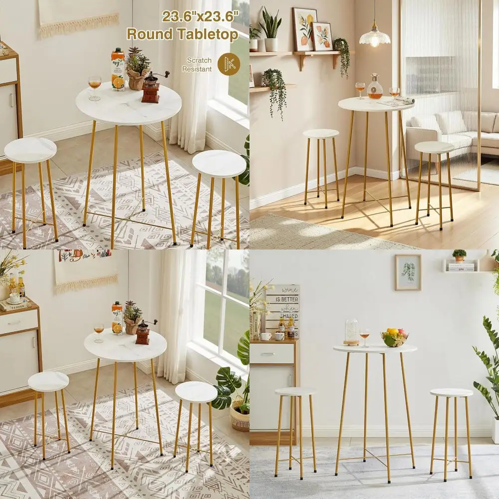

Counter Height Pub Table Set with 2 Barstools for Small Spaces, Breakfast Nook, Dining, Gold